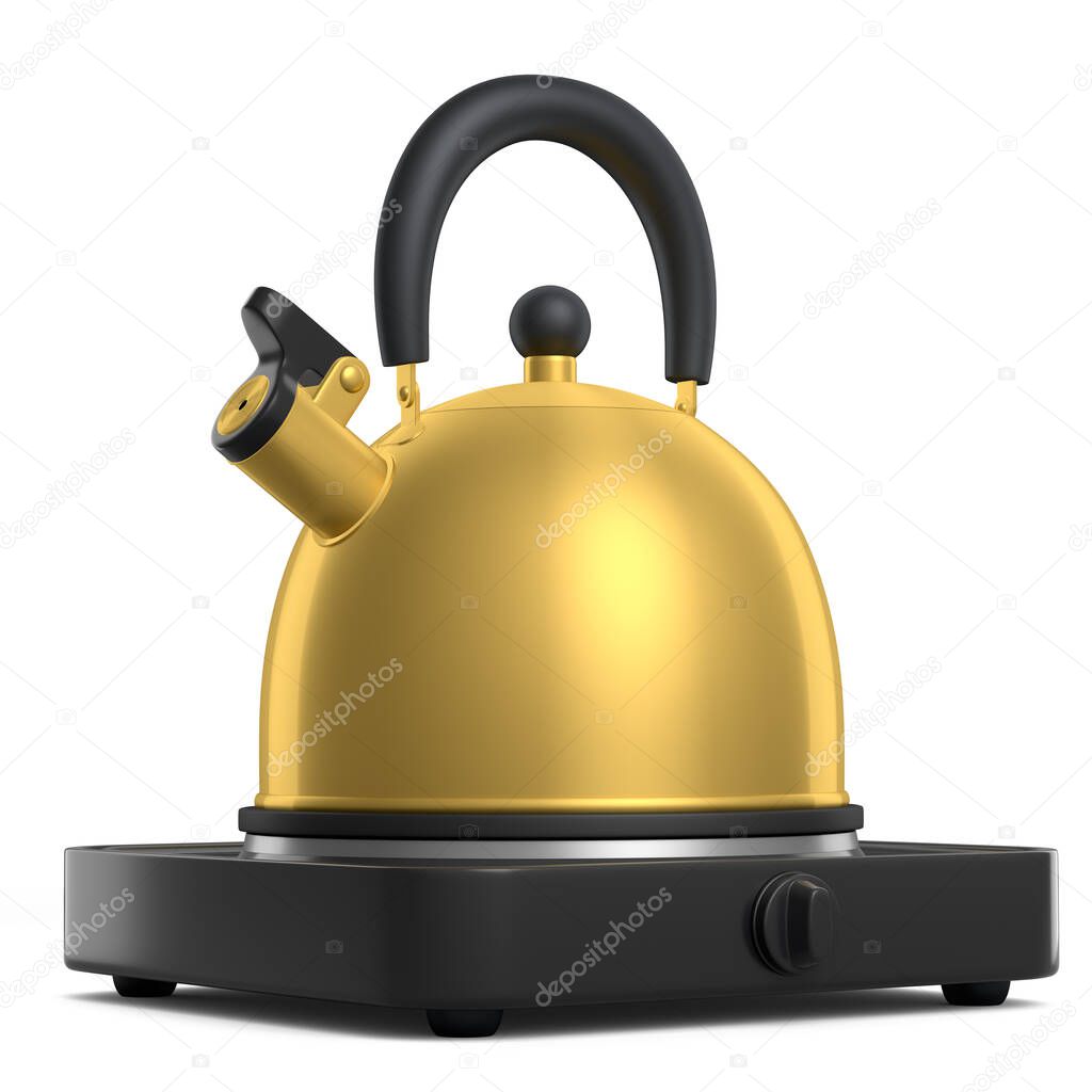 Portable camping electric stove and kettle with whistle on white