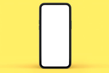 Sarı arka planda boş beyaz ekranlı gerçekçi siyah akıllı telefon. Sunum için telefon şablonunun 3B görüntülenmesi ve küçük çalışma alanı aracı