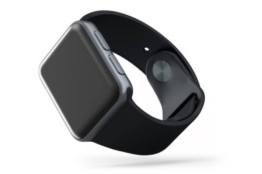 Beyaz arka planda siyah kayışı olan paslanmaz gümüş akıllı saat. Giyilebilir aygıt sağlığı ve fitness izleyicisi için 3B yorumlama kavramı