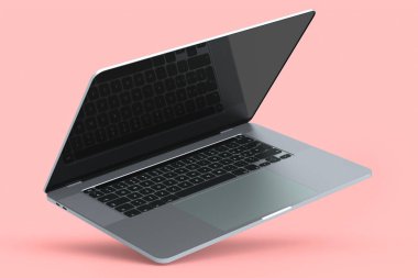 Pembe zemin üzerinde boş beyaz ekran görüntüsü olan gerçekçi alüminyum dizüstü bilgisayar. Ev stüdyosu çalışma alanı için 3D taşınabilir bilgisayar görüntüleme