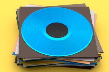 Black vinyl LP record with heap of covers isolated on yellow background. 3d render of musical long play album disc 33 rpm