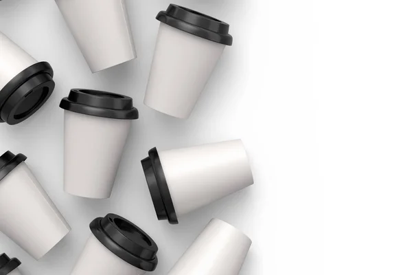 Set of paper coffee cups with cover for cappuccino, americano, espresso, mocha, latte, cocoa on white background. 3d render of concept takeaway food and drink in recycling packaging