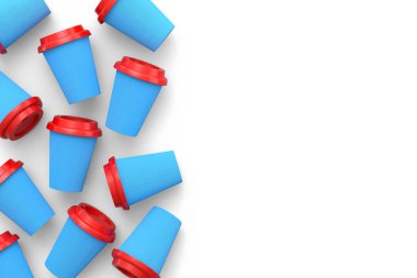 Kapuçino, americano, espresso, mocha, latte ve beyaz arka planda kakao için kapaklı kağıt kahve fincanları. Geri dönüşüm ambalajında 3D konsept paket yiyecek ve içecek hazırlama