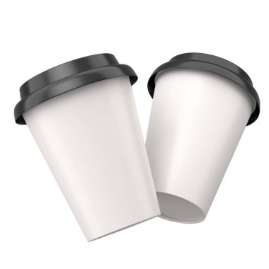 Kapuçino, americano, espresso, mocha, latte ve beyaz arka planda kakao için kapaklı kağıt kahve fincanları. Geri dönüşüm ambalajında 3D konsept paket yiyecek ve içecek hazırlama