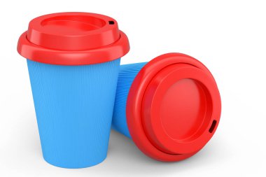 Kapuçino, americano, espresso, mocha, latte ve beyaz arka planda kakao için kapaklı kağıt kahve fincanları. Geri dönüşüm ambalajında 3D konsept paket yiyecek ve içecek hazırlama