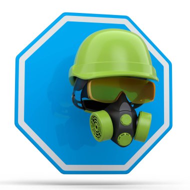 Mühendis miğferi gibi tamir ve montaj için bir takım giysi ve aletler. Kulaklıklar, solunum cihazı ve beyaz arka planda trafik işaretleri. 3D tesisatçı ya da tamirci servisi