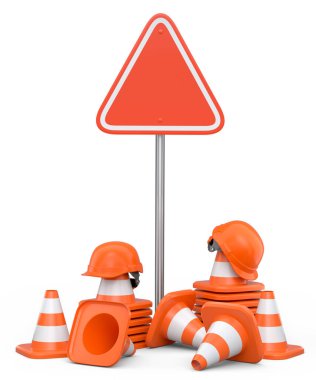 Güvenlik miğferleri, başlıklar ve trafik konileri beyaz arka planda yol çalışması için yol tabelası. Endüstriyel işçiler ve tamirciler için marangozluk araçları