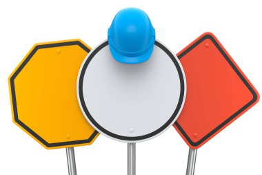 Güvenlik kaskı seti ya da trafik levhalarında beyaz arka planda izole edilmiş trafik levhası. Sokak trafik işaretinin 3d modelleme şablonu