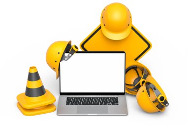 Güvenlik miğferleri, başlıklar ve trafik konileri beyaz arka planda yol çalışması için yol tabelası. Marangozluk araçları ve dizüstü bilgisayarla birlikte web sitesinin bakım altında 3d görüntülenmesi