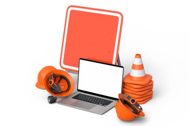 Güvenlik kaskı veya başlık seti, trafik konileri ve beyaz arka planda dizüstü bilgisayarın yanında yol çalışması için imza. Marangozluk araçları ile web sitesinin bakım altında 3d görüntülenmesi