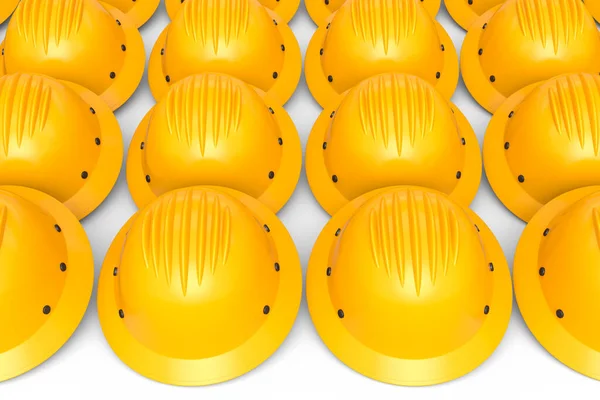 Set of safety helmets or hard caps for carpentry work in row on white background. 3d render and illustration of tool for carpentry work or labor headwear