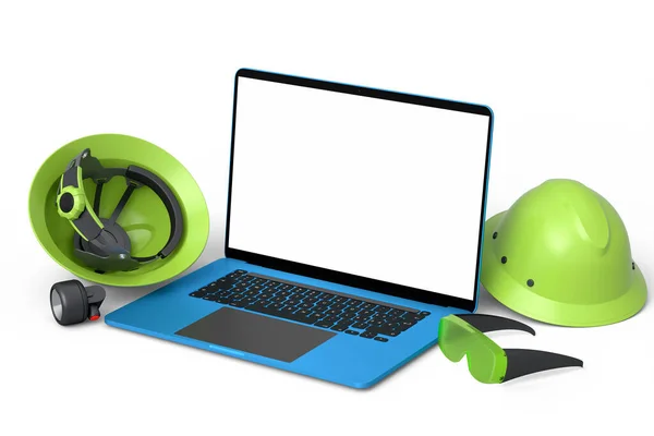 Set of safety helmets or hard caps, goggles and laptop for carpentry work on white background. 3d render and illustration of tool for carpentry work or labor headwear