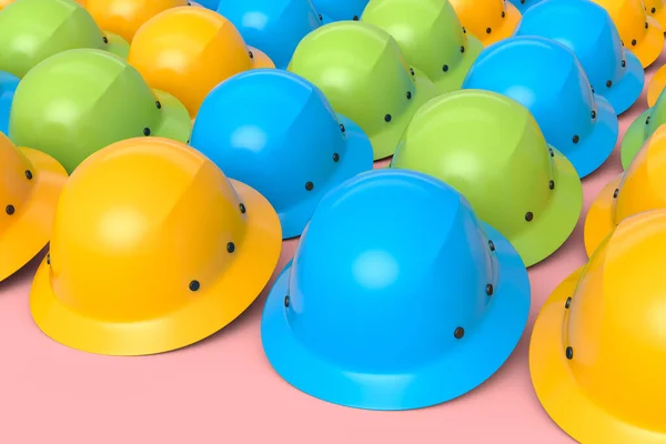 Set of safety helmets or hard caps for carpentry work in row on pink background. 3d render and illustration of tool for carpentry work or labor headwear