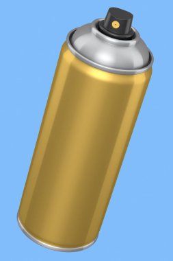 Mavi arka planda izole edilmiş sprey boya kutusu. 3D render sprey boya şişesi ve şeker kutusu.