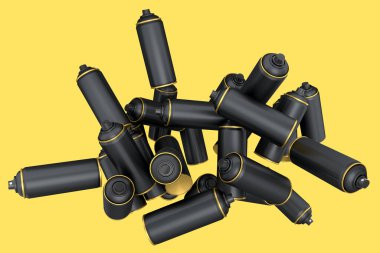 Sarı arka planda bir sürü uçan sprey boya kutusu var. 3 boyutlu sprey boya şişesi ve beyaz arka planda izole edilmiş sprey boya kutusu. 3D render sprey boya şişesi ve şeker kutusu.