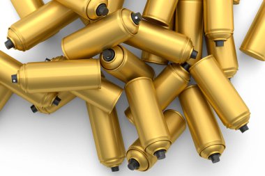Beyaz arka planda bir sürü uçan sprey boya kutusu var. 3 boyutlu sprey boya şişesi ve beyaz arka planda izole edilmiş sprey boya kutusu. 3D render sprey boya şişesi ve şeker kutusu.