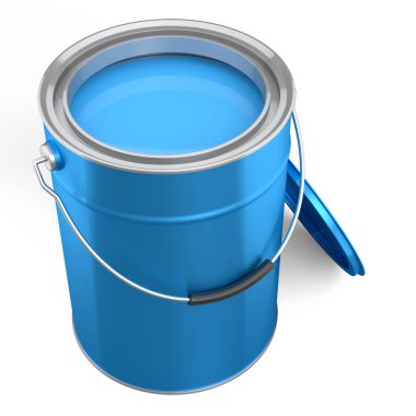 Açık metal kutu ya da beyaz arka planda tutacağı olan boya kovaları. 3D yenileme konsepti ve iç tasarım