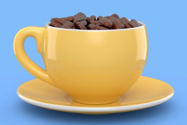 Ceramic coffee cup with coffee beans for cappuccino, americano, espresso, mocha, latte, cocoa on blue background. 3d render of concept takeaway food and drink in recycling packaging and donut