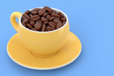 Ceramic coffee cup with coffee beans for cappuccino, americano, espresso, mocha, latte, cocoa on blue background. 3d render of concept takeaway food and drink in recycling packaging and donut