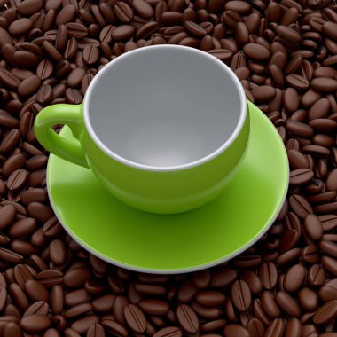 Ceramic coffee cup with coffee beans for cappuccino, americano, espresso, mocha, latte, cocoa. 3d render of concept takeaway food and drink in recycling packaging and donut