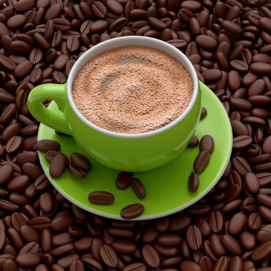 Ceramic coffee cup with coffee beans for cappuccino, americano, espresso, mocha, latte, cocoa. 3d render of concept takeaway food and drink in recycling packaging and donut