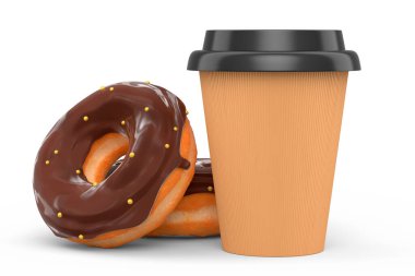 Cappuccino, americano, espresso, mocha, latte, beyaz arka planda donutlu kakao için kapuçino kaplı kağıt kahve fincanı. Geri dönüşüm ambalajı ve çöreğinde 3D konsept paket ve içecek.