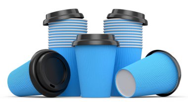 Kapuçino, americano, espresso, mocha, latte ve beyaz arka planda kakao için kapaklı kağıt kahve fincanları. Geri dönüşüm ambalajında 3D konsept paket yiyecek ve içecek hazırlama