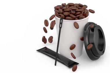 Paper coffee cup with cover, sugar, coffee bean and stick for cappuccino, americano, espresso, latte, cocoa on white background. 3d render of concept takeaway food and drink in recycling packaging