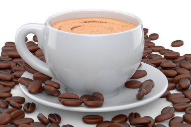 Ceramic coffee cup with coffee beans for cappuccino, americano, espresso, mocha, latte, cocoa on white background. 3d render of concept takeaway food and drink in recycling packaging and donut