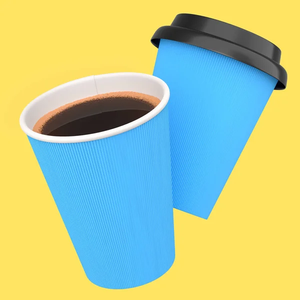 Set of paper coffee cup with cover for cappuccino, americano, espresso, mocha, latte, cocoa on yellow background. 3d render of concept takeaway food and drink in recycling packaging