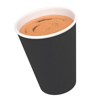 Kapuçino, americano, espresso, mocha, latte ve beyaz arka planda kakao için kapaklı kağıt kahve fincanı. Geri dönüşüm ambalajında 3D konsept paket yiyecek ve içecek hazırlama