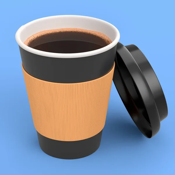 Paper coffee cup with cover for cappuccino, americano, espresso, mocha, latte, cocoa on blue background. 3d render of concept takeaway food and drink in recycling packaging