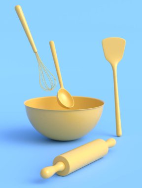 Tek renkli arka planda hamurun hazırlanması için mutfak malzemesi içeren metal kase. Aşçılık, harmanlama ve karıştırma için 3D pişirme süreci adım adım ve aksesuarları