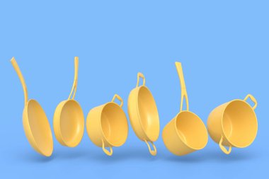 Uçan paslanmaz çelik güveç seti, kızartma tavası ve krom kaplama alüminyum tencere kaplama monokrom arka plan. Yapışmayan mutfak gereçlerinin 3D görüntüsü