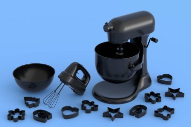 Tek renkli arka planda hamur hazırlamak için mutfak aletleri ve metal kurabiye kesicilerle karıştırıcı ve el mikseri. Aşçılık ve karıştırma için 3D pişirme işlemini adım adım ve aksesuarlar
