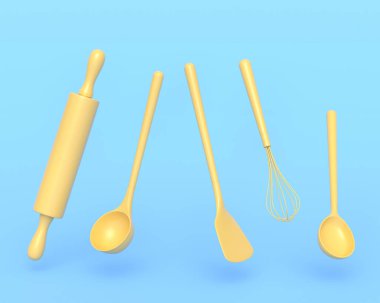 Ahşap mutfak aletleri, aletler ve teçhizat monokrom arka planında. Ev yapımı mutfak aletleri ve yemek pişirmek için aksesuarlar