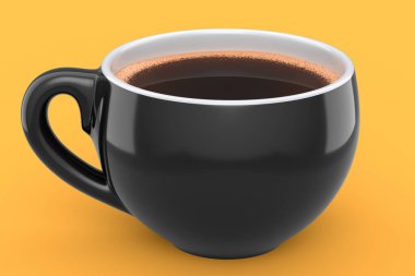 Ceramic coffee cup with foam for cappuccino, americano, espresso, mocha, latte, cocoa on yellow background. 3d render of concept takeaway food and drink in recycling packaging and donut