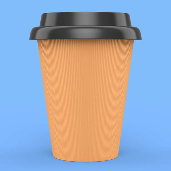Paper coffee cup with cover for cappuccino, americano, espresso, mocha, latte, cocoa on blue background. 3d render of concept takeaway food and drink in recycling packaging