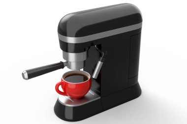 Kornalı espresso kahve makinesi ve beyaz arka planda seramik kahve fincanı. Cappuccino, americano, espresso, mocha, latte yapmak için 3D kahve demliği.