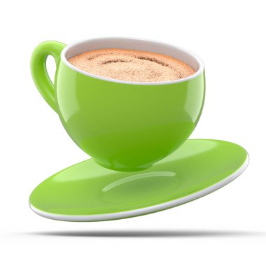 Ceramic coffee cup with foam for cappuccino, americano, espresso, mocha, latte, cocoa on white background. 3d render of concept takeaway food and drink in recycling packaging and donut