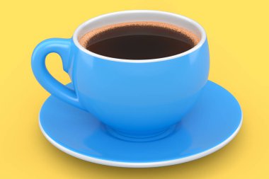 Ceramic coffee cup with foam for cappuccino, americano, espresso, mocha, latte, cocoa on yellow background. 3d render of concept takeaway food and drink in recycling packaging and donut