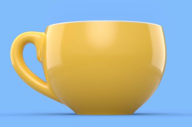 Ceramic coffee cup with cap for cappuccino, americano, espresso, mocha, latte, cocoa on blue background. 3d render of concept takeaway food and drink in recycling packaging and donut