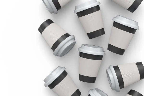 Set of paper coffee cups with cover for cappuccino, americano, espresso, mocha, latte, cocoa on white background. 3d render of concept takeaway food and drink in recycling packaging