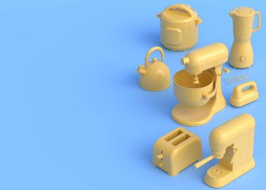 Sağlıklı smoothie, el mikseri ve tek renkli arka planda çoklu fırın yapmak için elektrikli blender yemek pişirmek için üç boyutlu mutfak aleti.