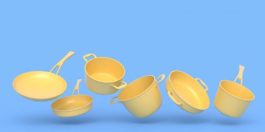 Uçan paslanmaz çelik güveç seti, kızartma tavası ve krom kaplama alüminyum tencere kaplama monokrom arka plan. Yapışmayan mutfak gereçlerinin 3D görüntüsü