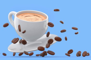 Ceramic coffee cup with coffee beans for cappuccino, americano, espresso, mocha, latte, cocoa on blue background. 3d render of concept takeaway food and drink in recycling packaging and donut