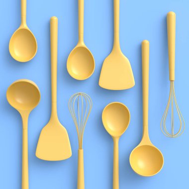 Ahşap mutfak aletleri, aletler ve teçhizat monokrom arka planında. Ev yapımı mutfak aletleri ve yemek pişirmek için aksesuarlar