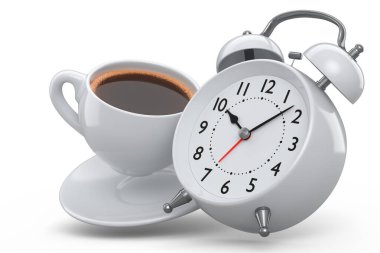 Beyaz arka planda seramik kahve fincanı olan klasik çalar saat. 3D canlandırma konsepti sabah uyanma ve acele et, çevrimiçi alışveriş için satış tanıtım süresi
