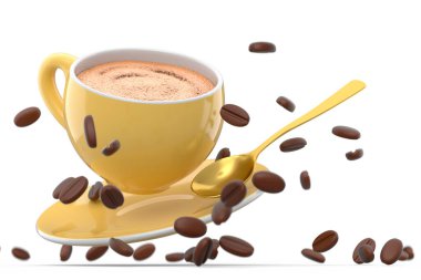 Ceramic coffee cup with coffee beans for cappuccino, americano, espresso, mocha, latte, cocoa on white background. 3d render of concept takeaway food and drink in recycling packaging and donut