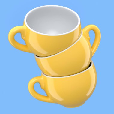 Set of ceramic coffee cup with cap for cappuccino, americano, espresso, mocha, latte, cocoa on blue background. 3d render of concept takeaway food and drink in recycling packaging and donut